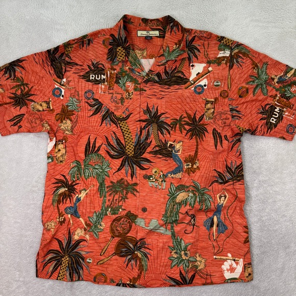 Tommy Bahama Silk Hawaiian Shirt Rum Palm Tree Tropical Mens Medium Drinks EUC - Picture 1 of 6